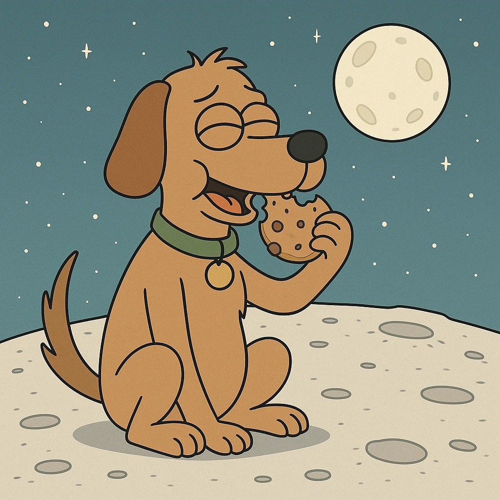 a dog eating something on the moon, cartoon style emoji