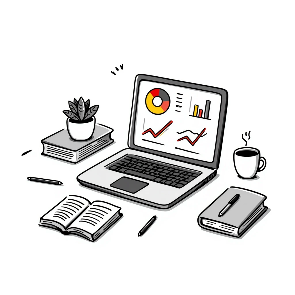Academic research workspace with an open laptop showing data, scattered books and papers, and a pie chart and line graph. Hand-drawn doodle style with colorful data visualizations and book covers. emoji