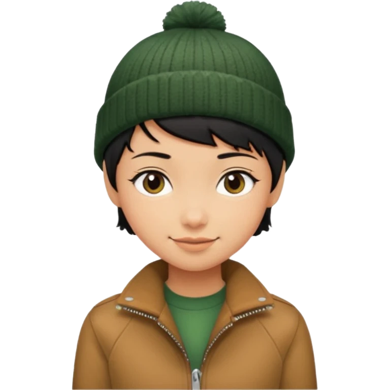 tan skin, non binary person with pixie cut black hair, wearing brown jacket and dark green beanie, shy smile  emoji