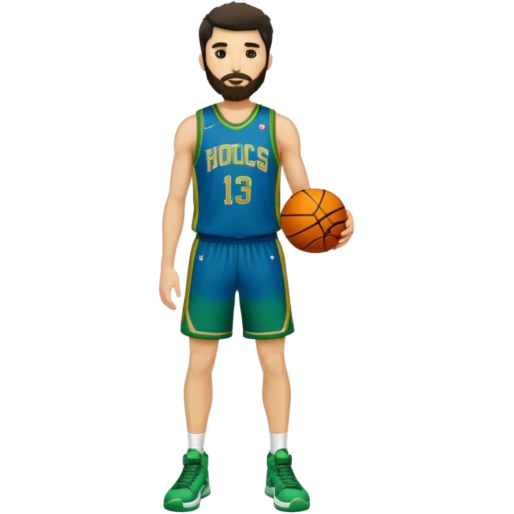 Full Body  white male basketball player with short shaggy dark hair and  close shave gold tee beard  wearing blue and green uniform emoji