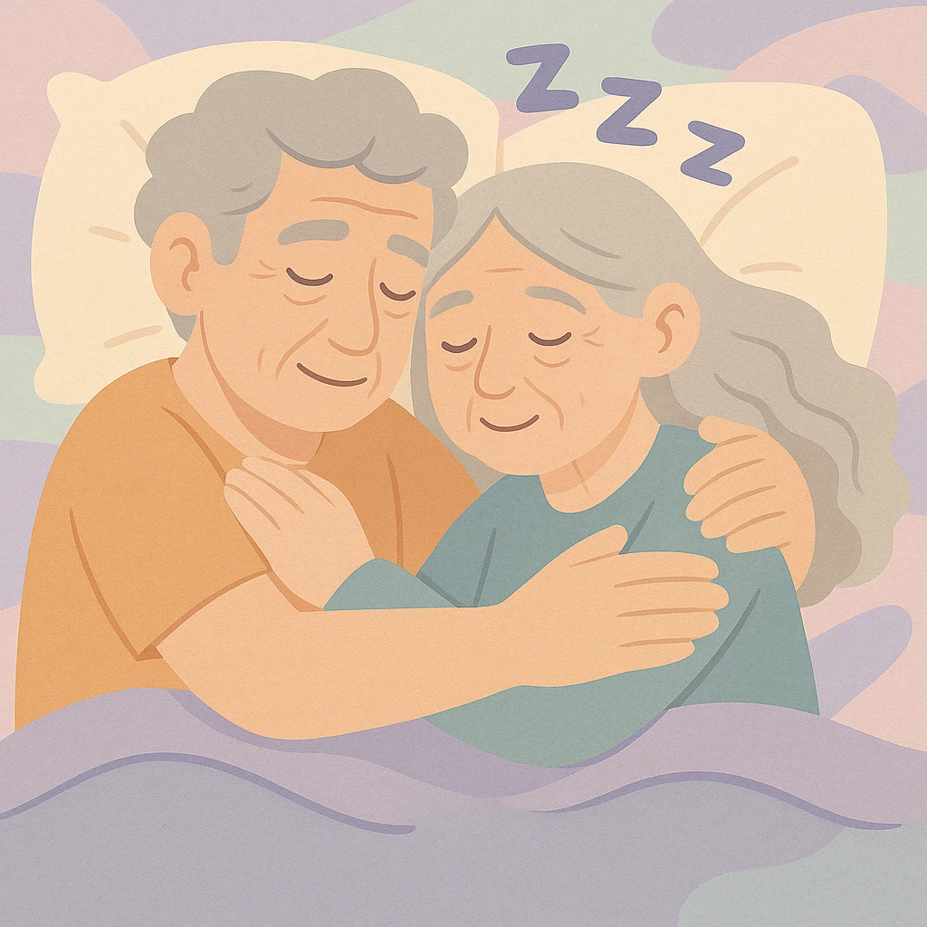 Make the couple look older by adding gray hair and gentle wrinkles, keeping the dreamy pastel cartoon style with soft and delicate colors. emoji