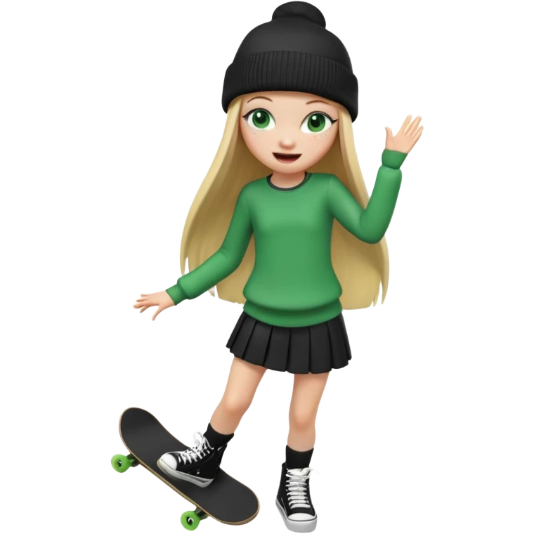 Realistic full-body 3D render of an iPhone emoji-style blonde girl with long straight hair, wearing a black beanie. She has green eyes, cute freckles, and is making a cheeky face — left eye winking, tongue sticking out playfully, wide smile. Dress her as a stylish skater girl emoji