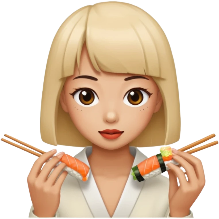 Person with back hair hair and bangs eating sushi emoji
