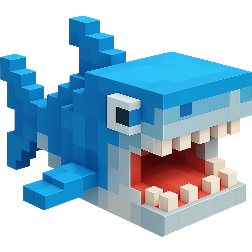 voxel style shark, open mouth, blocky, blue and silver, no background emoji