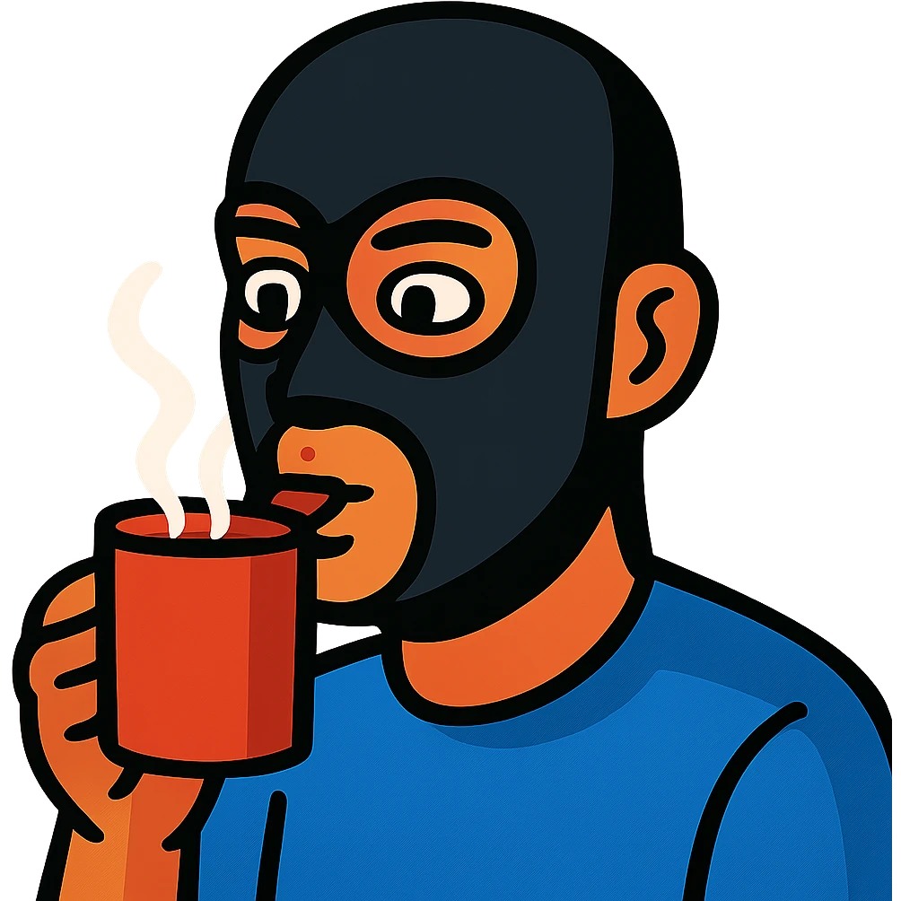 vibrant toon style man's face with a black full mask drinking coffee emoji