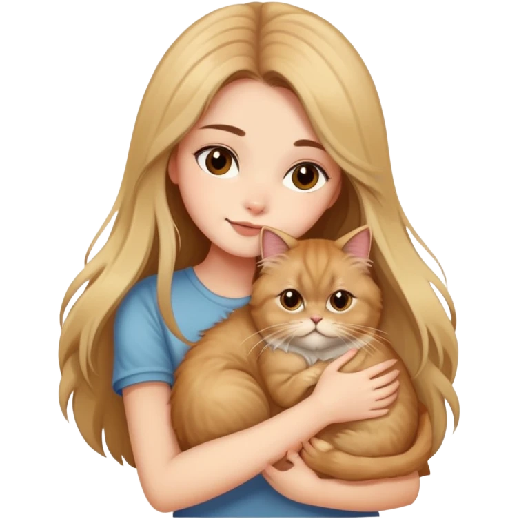 pretty girl with long brown hair, hugging her fluffy blonde persian cat emoji