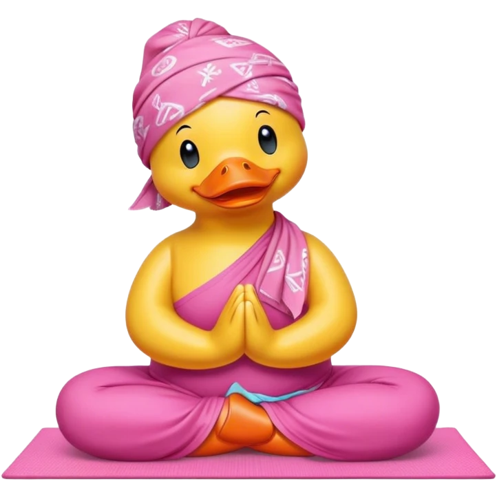 side view of yellow rubber duck with a pink bandana doing yoga while praying emoji