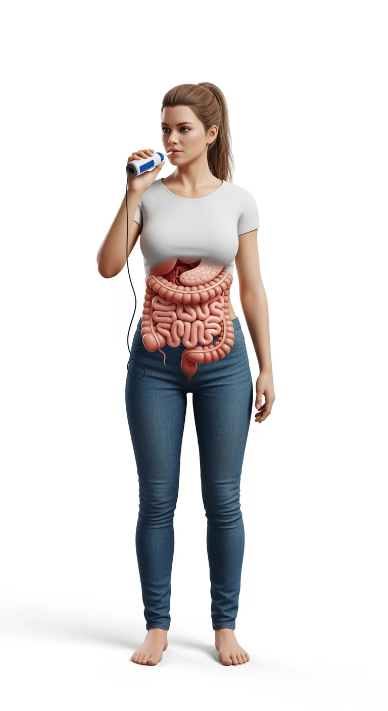 donna a figura intera con intestino anatomico realistico in evidenza che fa il "Breath test", iperrealistica 4k, sfondo bianco emoji