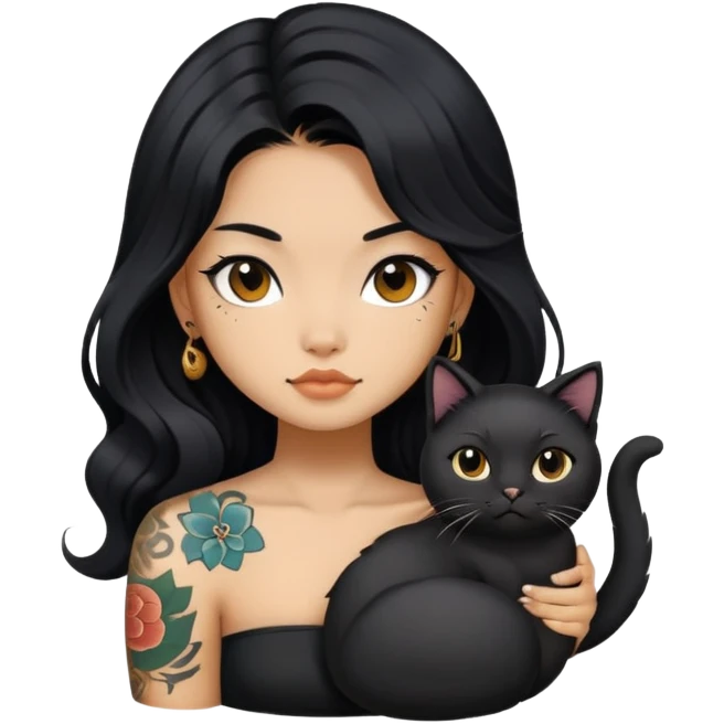 a Chinese girl with long black  Big Wave hair and tattoos and a black round faced cat emoji