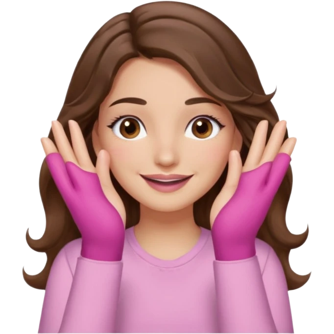 girl with wavy long brown hair, brown eyes, light to medium complexion, long lashes, light pink lipstick, wearing light pink shirt, smiling, hands over the eyes emoji