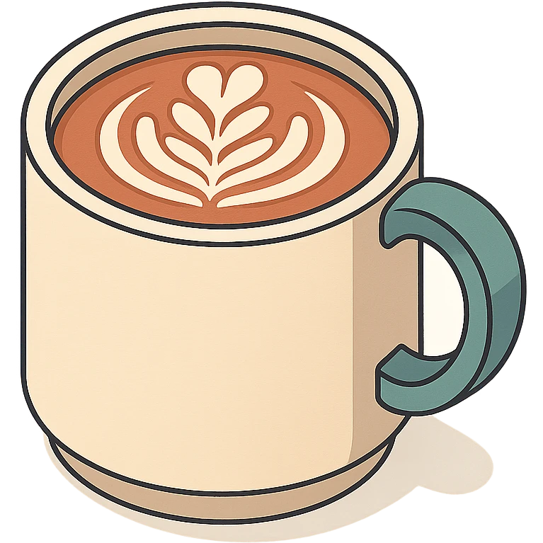 coffee mug with latte art, 2D isometric style, soft rounded shapes, clean contours, pastel palette, detailed shadows and highlights, modern illustration, transparent background emoji
