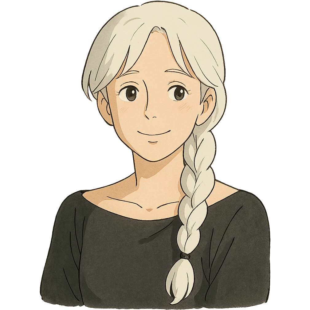 young female psychologist with white hair in a long braid, wearing a black off-shoulder top, ghibli style, gentle and warm expression emoji