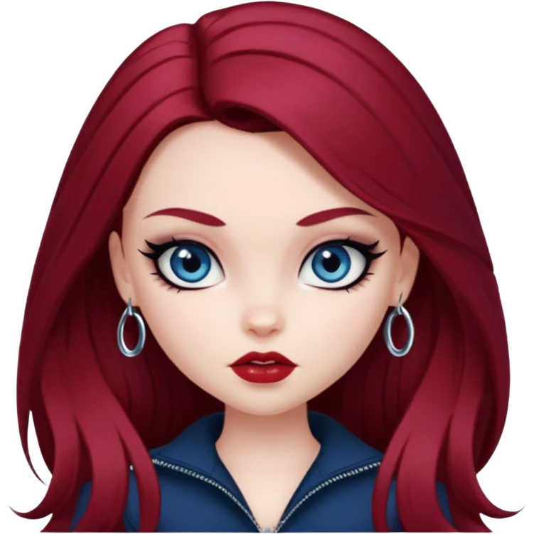 pale skin, girly bratz baddie, beautiful dark blue eyes, sharp black eyeliner, long dark red hair emoji