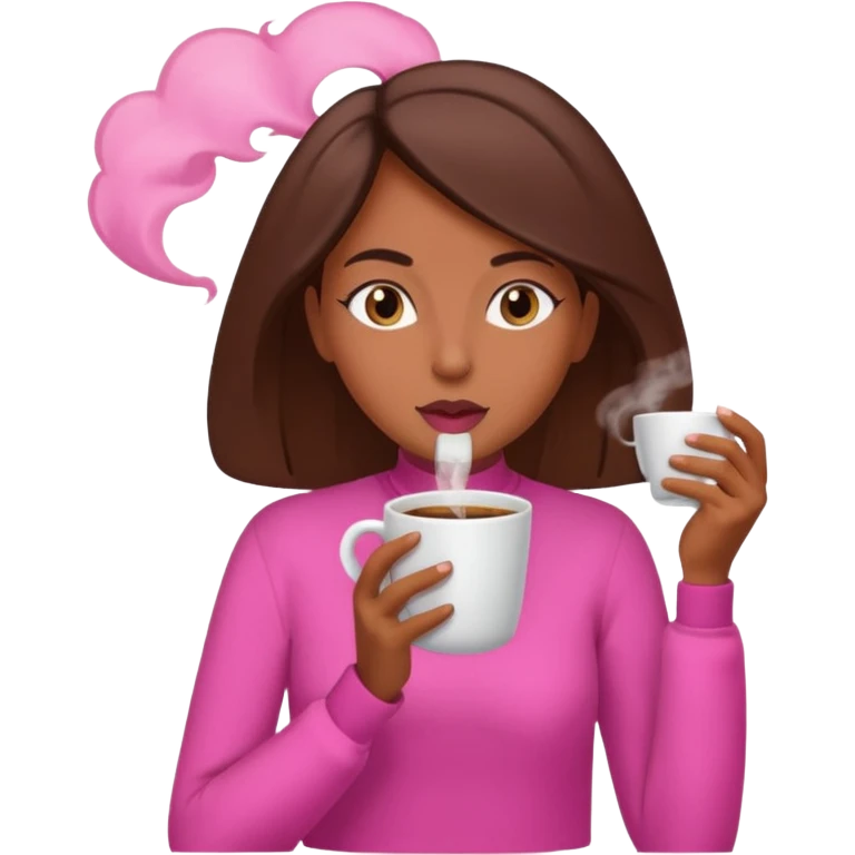 Mulher morena tomando café  com roupa rosa esfriando o café  emoji