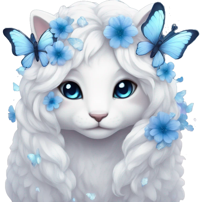 Edgy Cute Cool Kawaii gorgeous sparkly ethereal white fantasy animal with blue eyes sona with flowers and butterflies beautiful aesthetic emoji