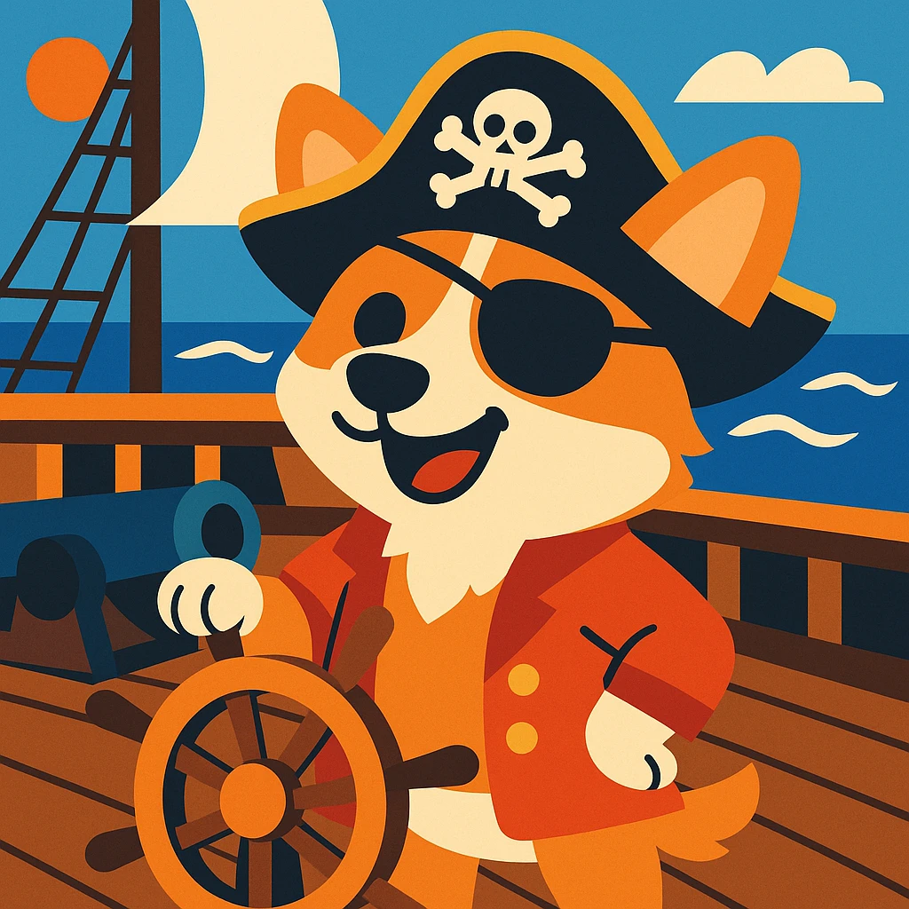 cartoon pirate corgi with an eyepatch and pirate hat on a pirate ship emoji