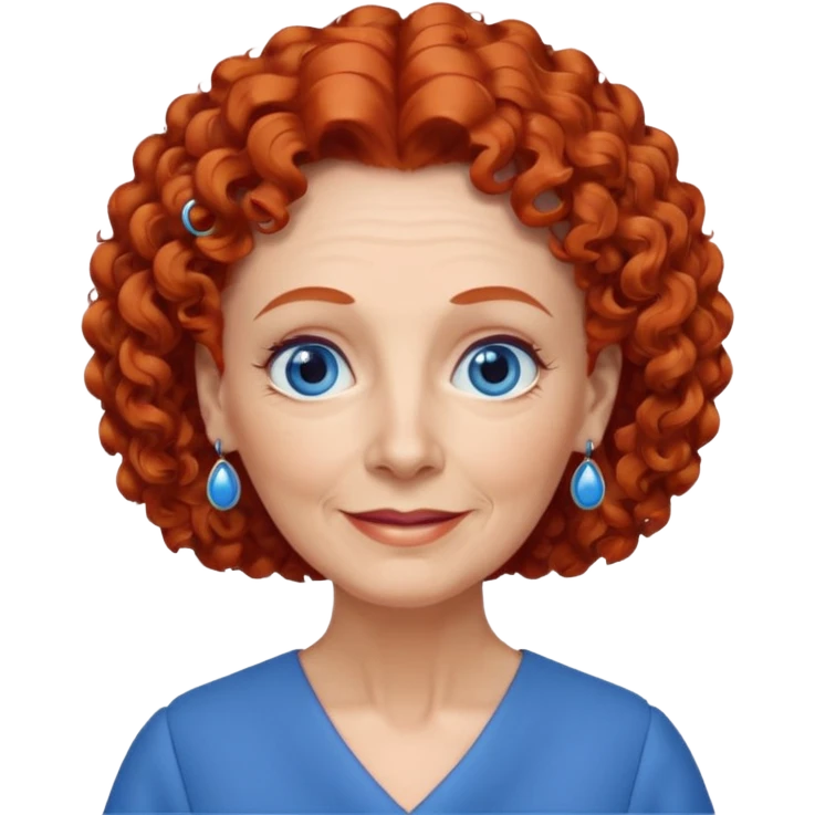 una profesora mayor simpática con el pelo rojo rizado, ojos azules, vestido azul y pendientes azules hablando emoji