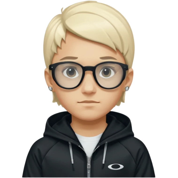 un emoji de un chico emcapuchado blanco con luzes negras e rubias, com uma chaqueta negra nike tech y unas gafas de oakley, con pendientes de diamante, que las gafas sean estilo cuadradas, los pendientes q no se cuelguen, que sean redondos, en las dos cejas un corte, que las gafas no sean circulares emoji