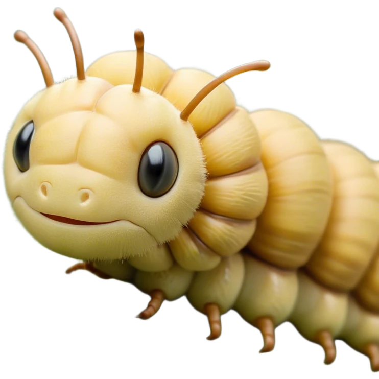 Beautiful and Majestic Caterpillar Portrait Emoji, Head and body rendered in serene repose with a gentle, content smile, showcasing a delicately segmented form with softly textured hues and eyes peacefully closed in tranquil slumber, Simplified yet exquisitely endearing features, highly detailed, glowing with a soft, drowsy natural light, high shine, relaxed and utterly noble, stylized with an air of graceful metamorphosis, soft glowing outline, capturing the essence of a beautiful and majestic caterpillar that embodies the quiet promise of transformation! emoji