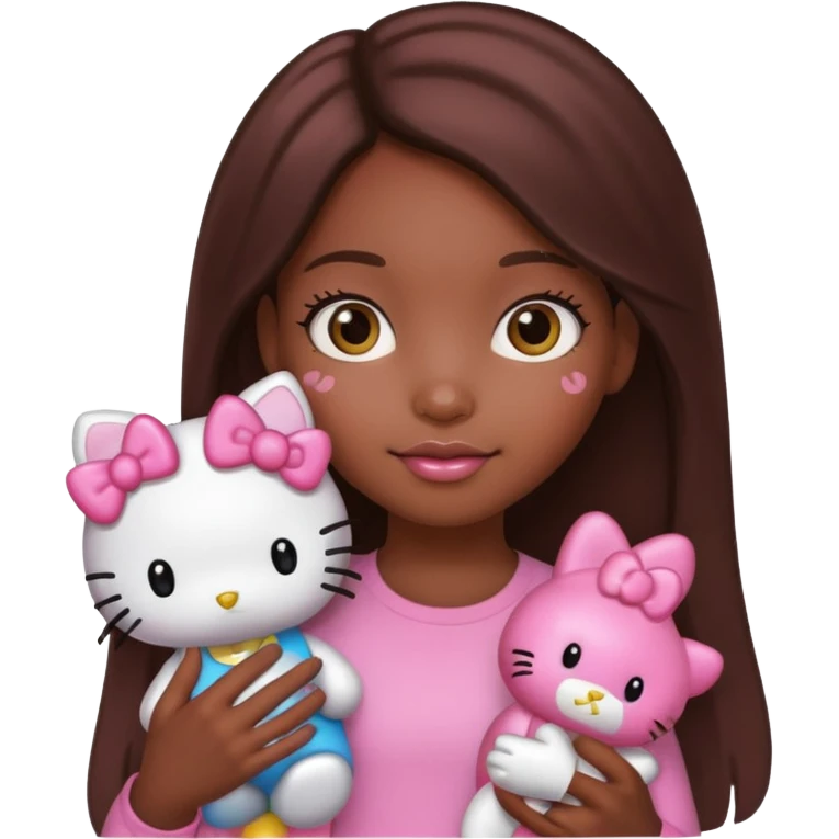 black girl with long brown hair holding a hello kitty emoji