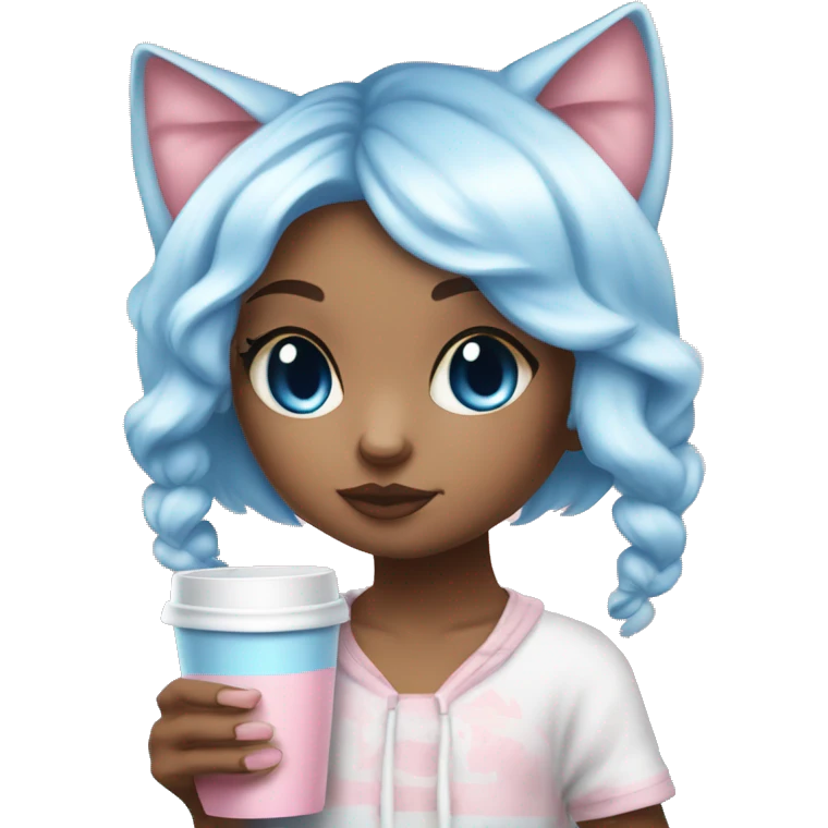 CHIBI CAT BABY BLUE AND BABY PINK SHOR HAIR GIRL WITH ONE EYE BLUE AND THE OTHER WHITE. ALSO SHE IS SIPPING A CUP emoji