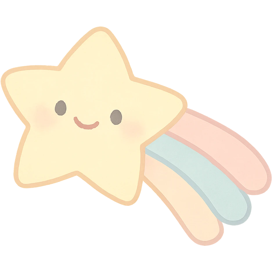 kawaii soft yellow shooting star with smiling face and pastel trail, no arms, no legs, full body, soft pastel kawaii style, transparent background emoji