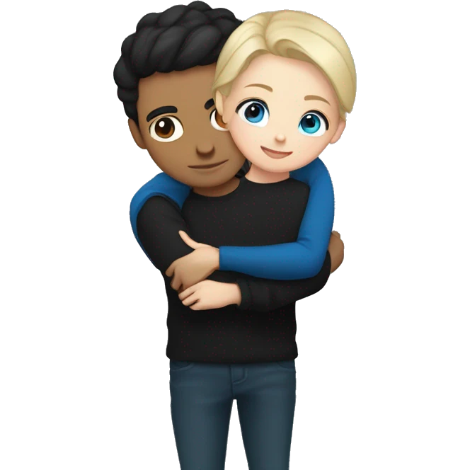 dark Blonde girl with blue eyes in black sweater and an east asian with light skin man with black hair and black eyes hugging emoji