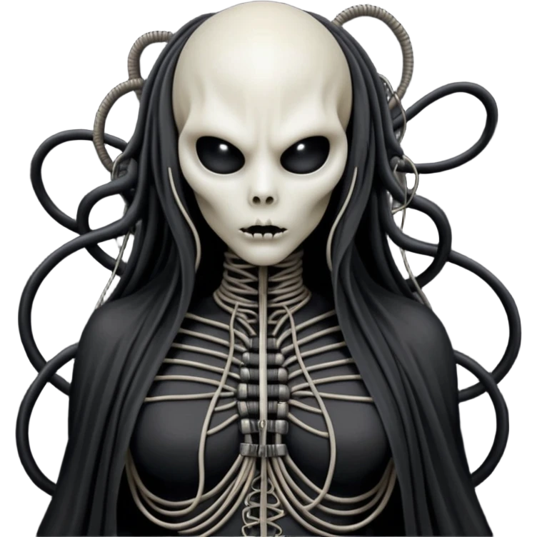 organic black wires merging into a monstrous creature, draped in black rags and bondage, Giger-esque emoji