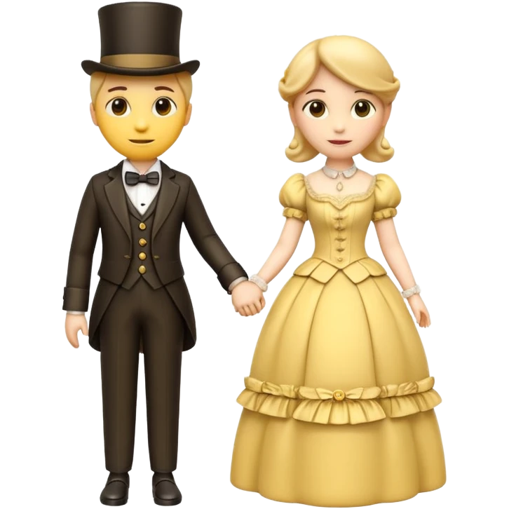 two 3d yellow emoji characters holding hands, dressed in elegant victorian attire, soft romantic expression, classic glossy 3d emoji render, white background emoji