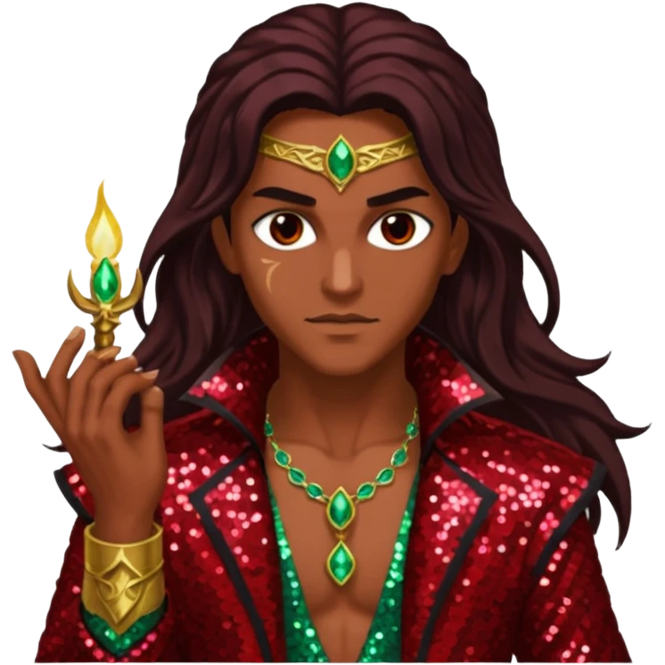 Samael, Poison of God from Gods and Goddesses with tan skin, long dark brown hair, dark red sequin outfit emoji