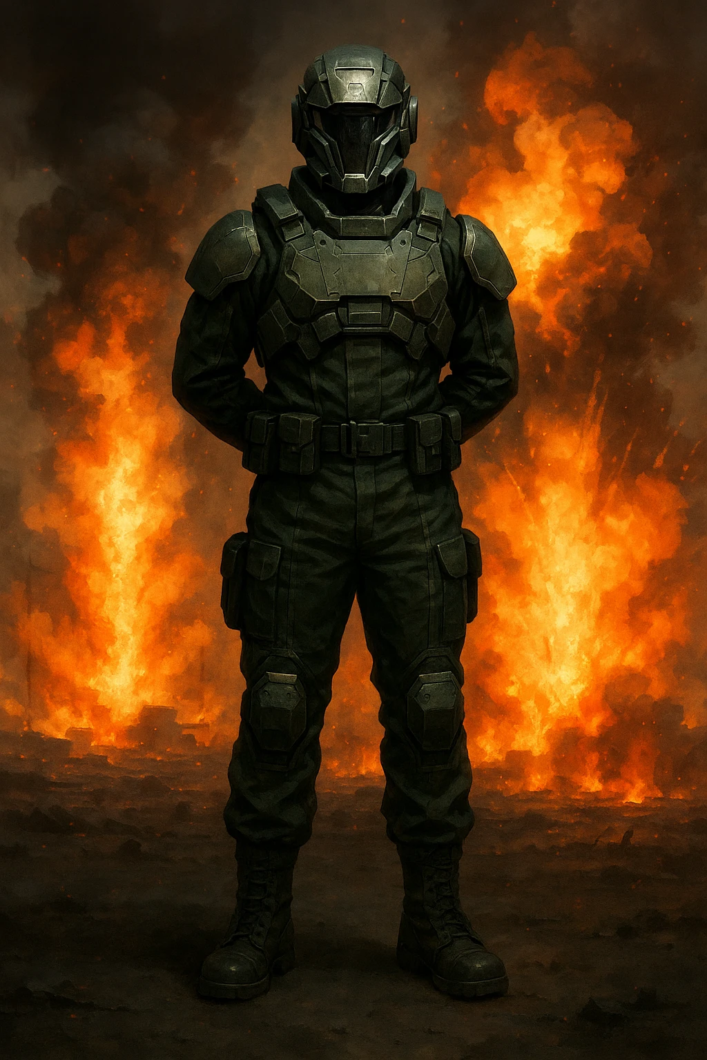 Sci-fi soldier in dark green fatigues, standing at attention with hands behind back, facing camera. Explosions and flames behind, warzone vibe. emoji