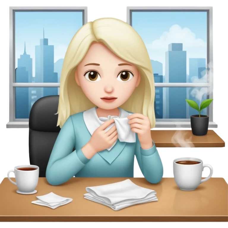 хвора дівчина сидить в офісі за столом, у неї в руках хустинка, на столі серветки, чай emoji