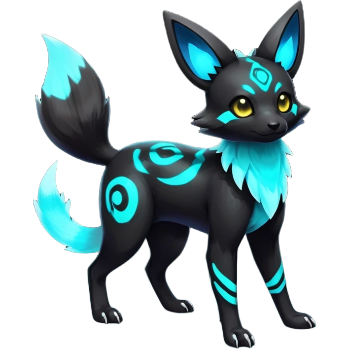 Rare realistic dark-neon glowing bioluminescent edgy badass epic pretty beautiful handsome gorgeous aesthetic colorful vibrant Vernid-Trico-Umbreon-hybrid-species-Fakemon-creature by LiLaiRa, 4 legs, 1 tail, random markings, (full body) emoji