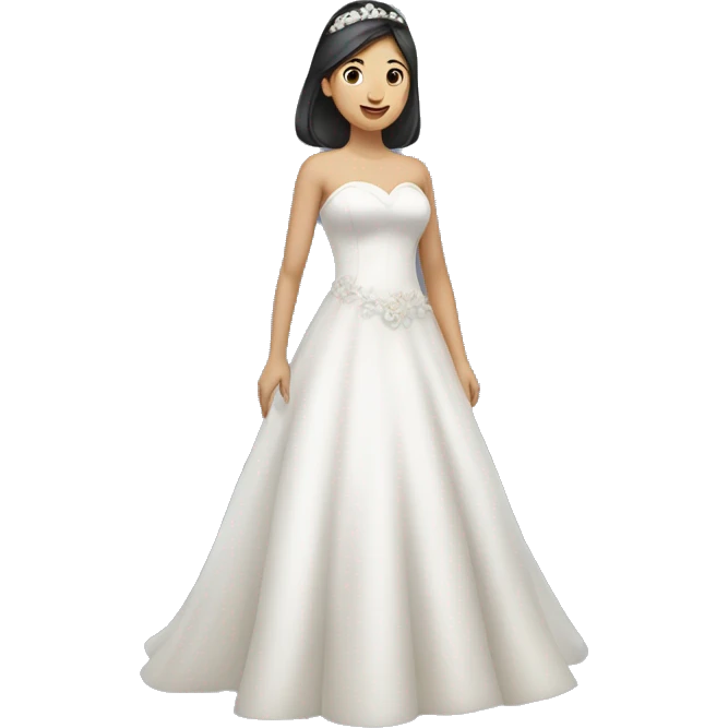 "An Asian girl wearing a wedding dress, standing and looking happy." emoji