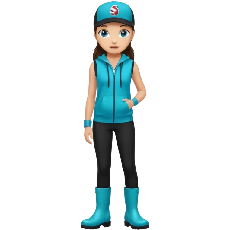 A landscaper in a beautiful turquoise hoody and turquoise rubber boots, black pants, and a black sleeveless shirt. On her head is a black color Swissotel baseball cap. The girl is a brunette with blue eyes. emoji