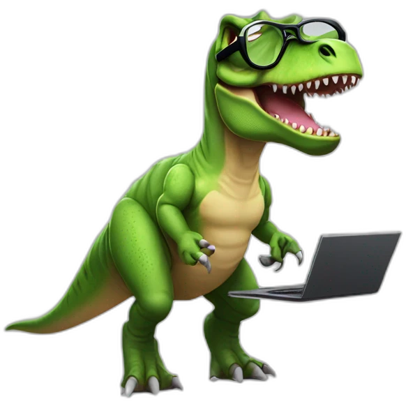 t-rex wearing glasses with sport outfit and a computer emoji