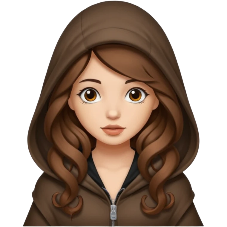 cute woman long wavy brown hair tattoos curled inside hood emoji