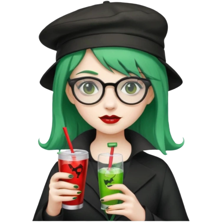 vampire green hair Drink holders with hat, wearing glasses, female emoji