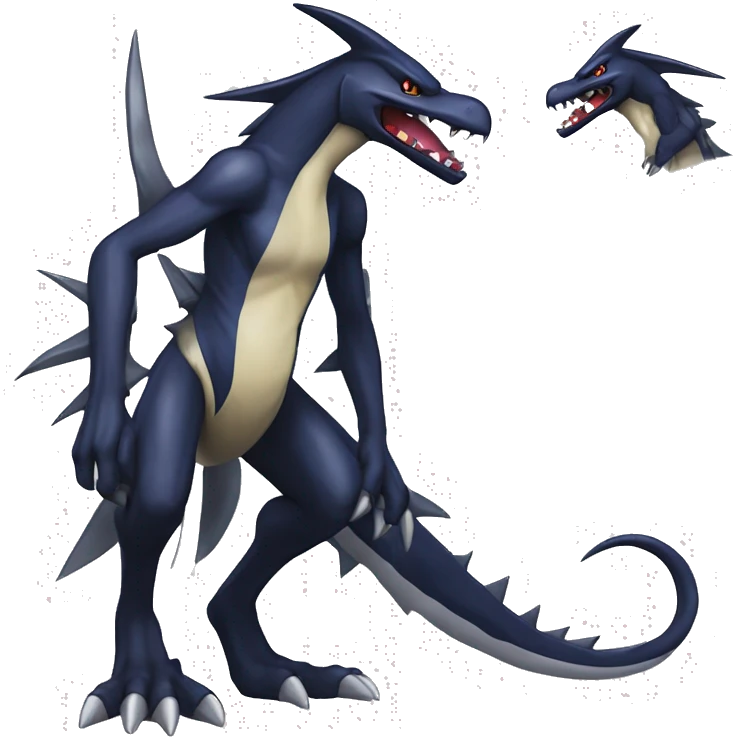 Black, Cool, Edgy, Garchomp-Nargacuga-Sergal Fakémon-Digimon with sharp edgy striking detailed stripe-markings,  full body emoji