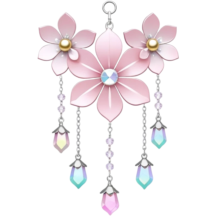 Hanging Iridescent pastel pink sakura crystals white-pearly suncatcher with bells emoji