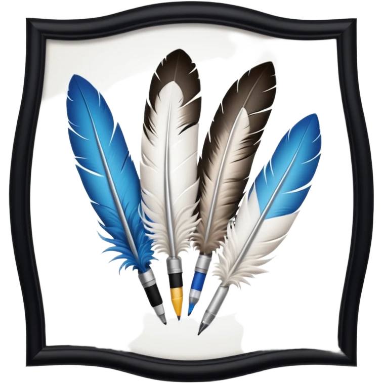 Prends la 1ere image avec les 3 plumes blanches et les stylos et ajoute en dessous le logo de largus emoji