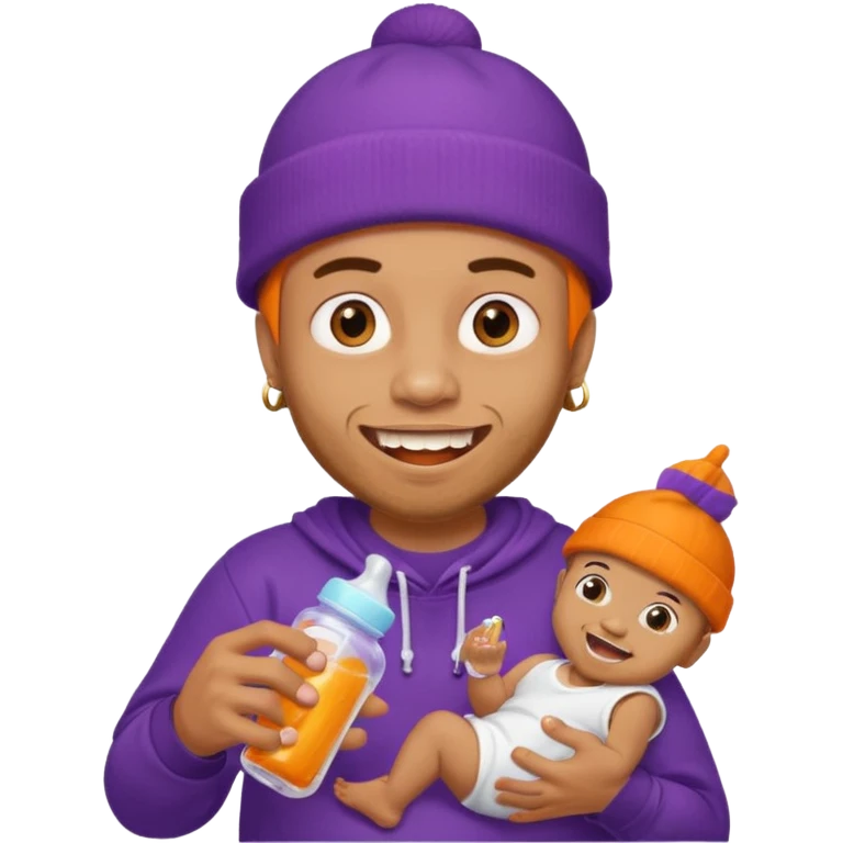 guy with orange beanie with gold teeth grillz holging a baby bottle with purple liquid emoji