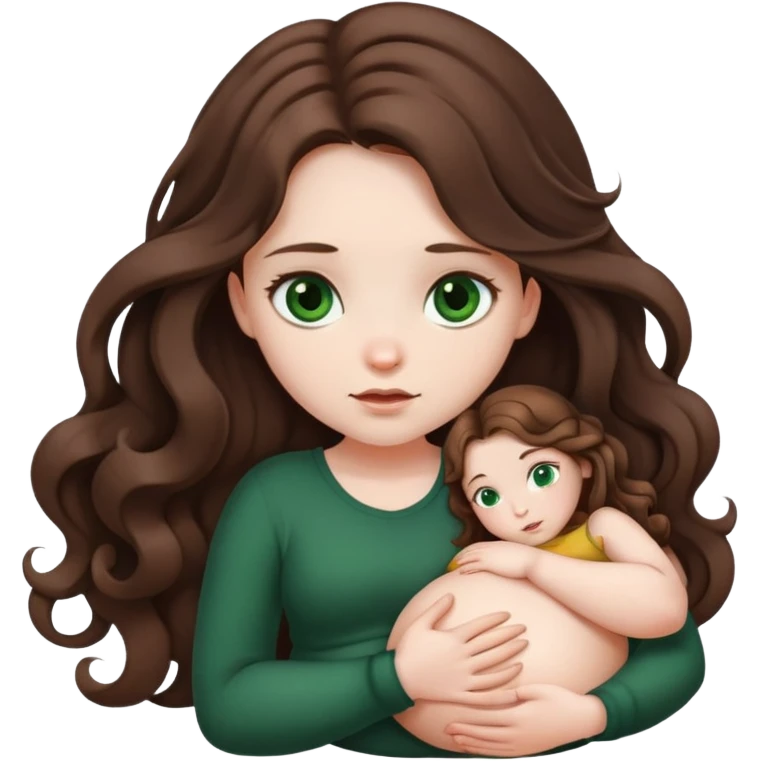 Girl with curled brown long length hair and very dark green eyes with belly ache emoji