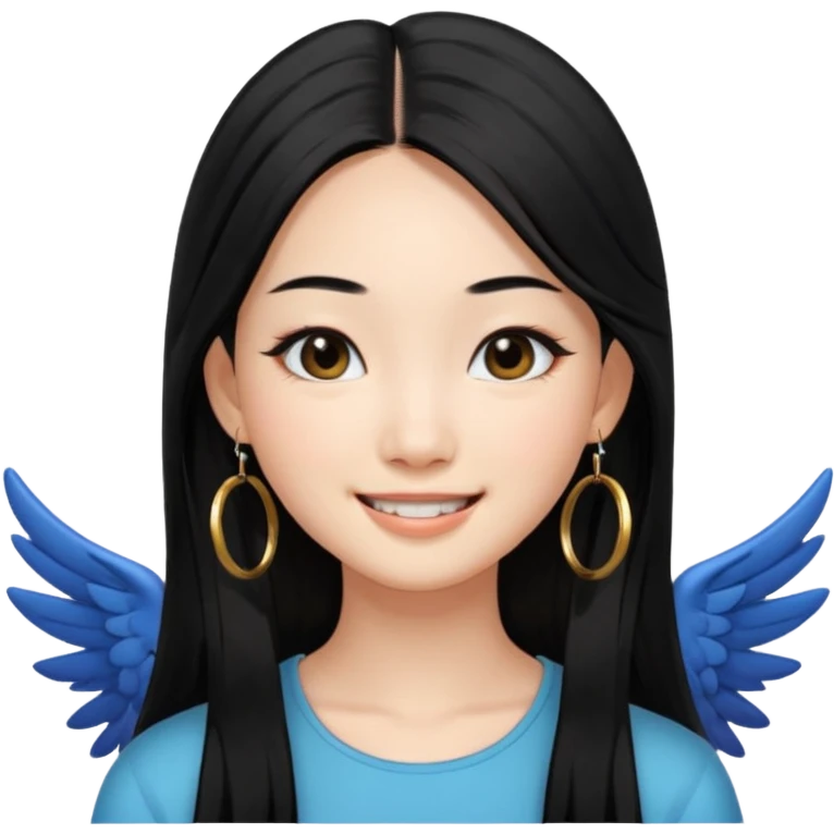 A Asian girl with fare skin and hoop earrings, long straight black hair with black eyes, smiling with a open wings eyeliner emoji