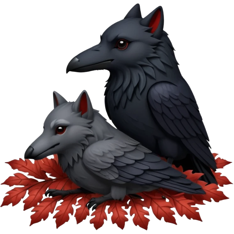 A raven and a wolf curled together with Weirwood leaves beneath them  emoji