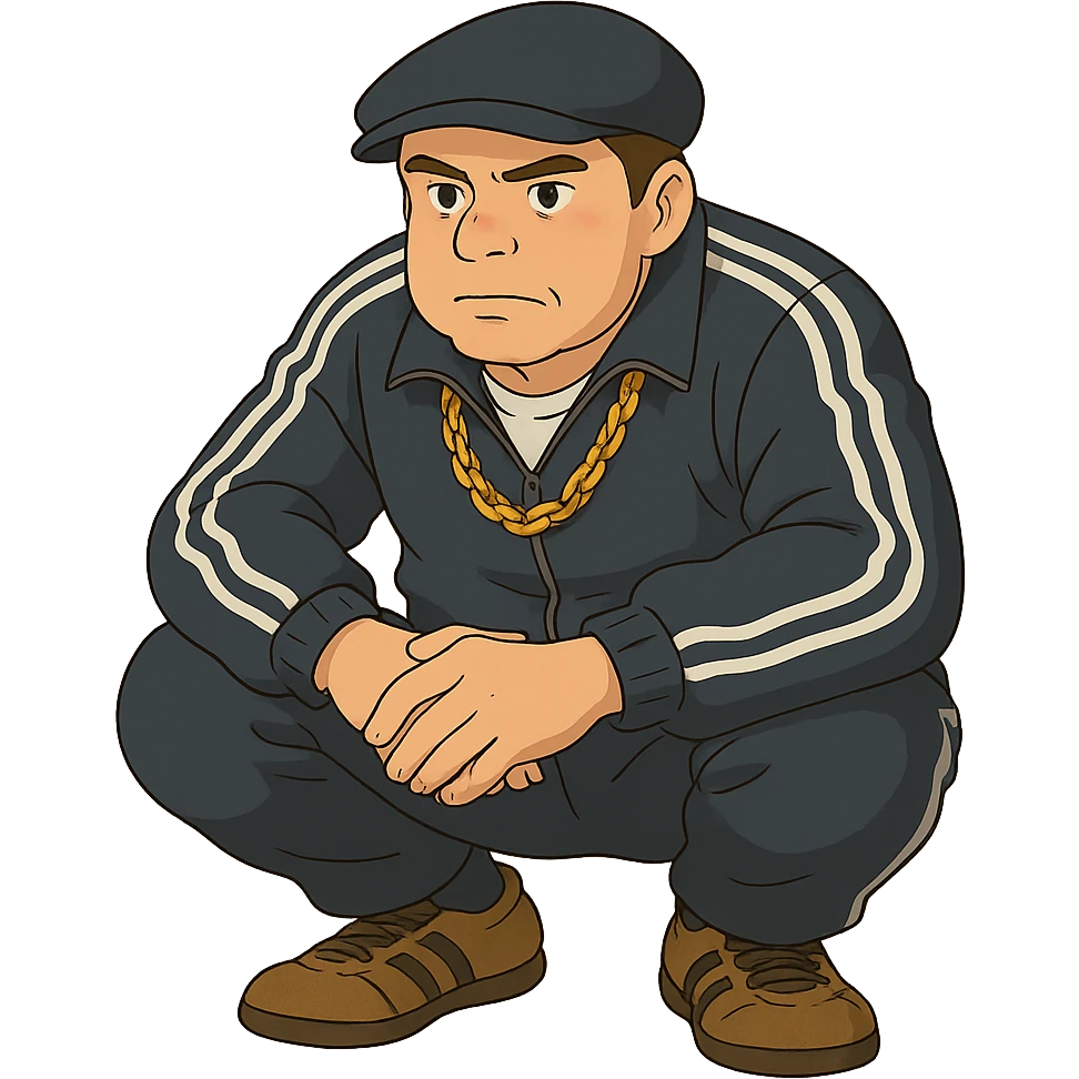 ghibli style Russian gangster squatting, wearing a tracksuit and gold chain emoji