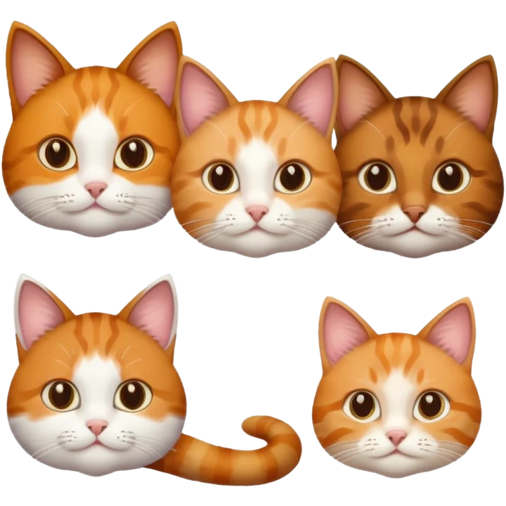 3 cats different colours including brown tabby and white, calico, and ginger and white emoji