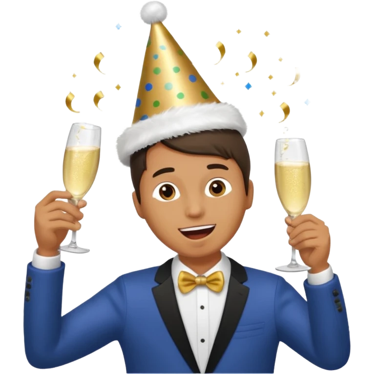 An energetic man throws his head back, drinking champagne loudly as the New Year begins. emoji