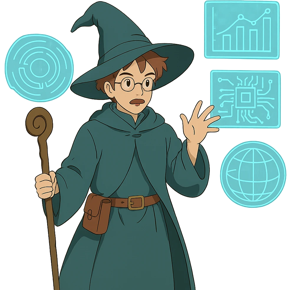 ghibli style tech wizard surrounded by floating holograms emoji