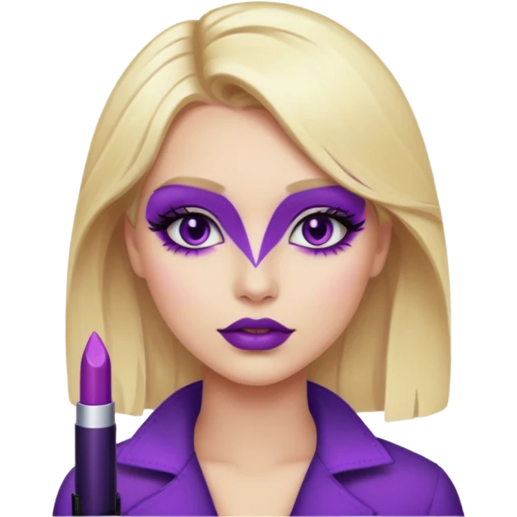 A blonde girl wearing a purple makeup emoji